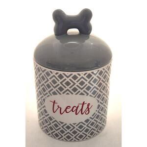 Jar-"Treats"-Dog Treats-Gray-White-Sealed Lid-Ceramic-Countertop-Heart to Tail